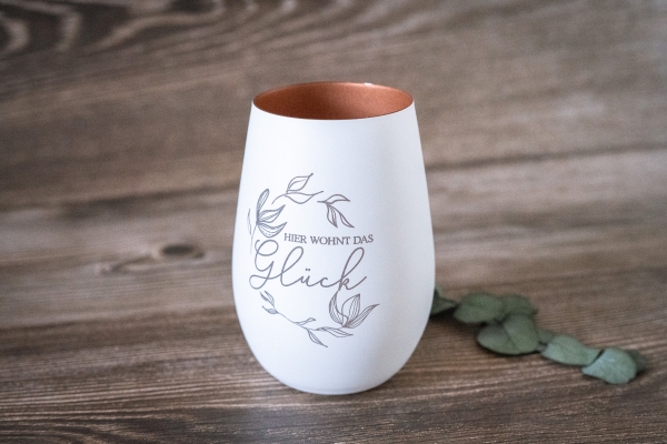 Windlicht / Teelichtglas "Hier wohnt das Glück"